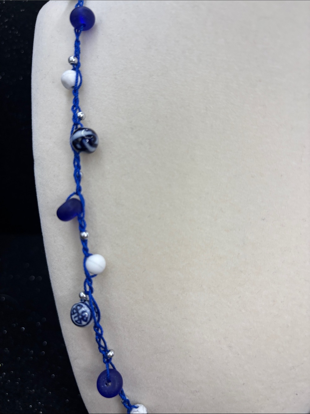Blue Beaded Crochet Necklace | Blue & White Glass Bead Necklace - Picture 4 of 4